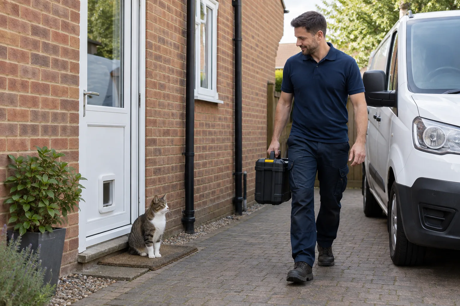 Professional cat flap fitter in plain navy workwear beside a plain white work van on the side driveway of a British brick home, near a white back door with a neatly installed white cat flap at the bottom, carrying a compact tool case, a calm cat nearby.